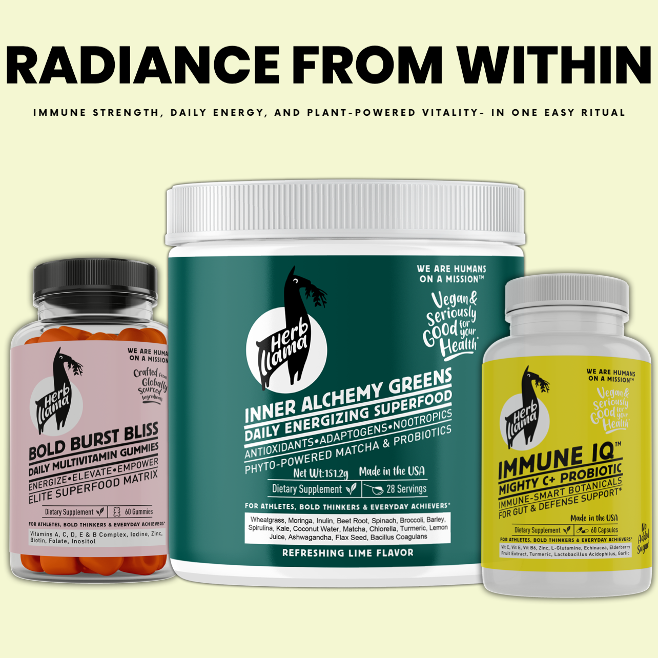 Three supplement products from Herb Land on a light yellow background with promotional text.