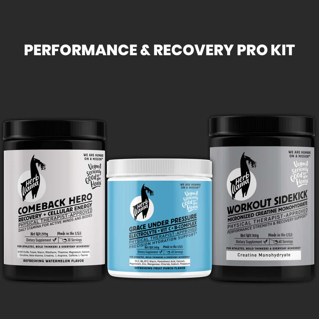 Three supplement containers labeled 'Comeback Hero', 'Grace Under Pressure', and 'Workout Sidekick' on a black background with text 'Performance & Recovery Pro Kit'.