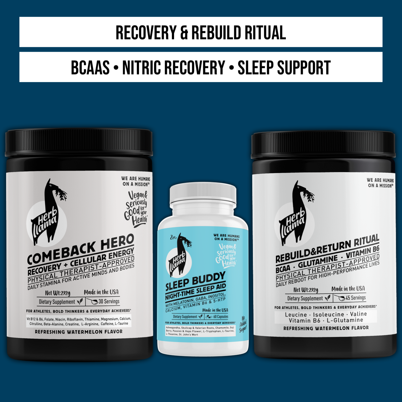 Three supplement containers labeled 'Comeback Hero', 'Sleep Buddy', and 'Rebuild & Return Ritual' on a blue background.