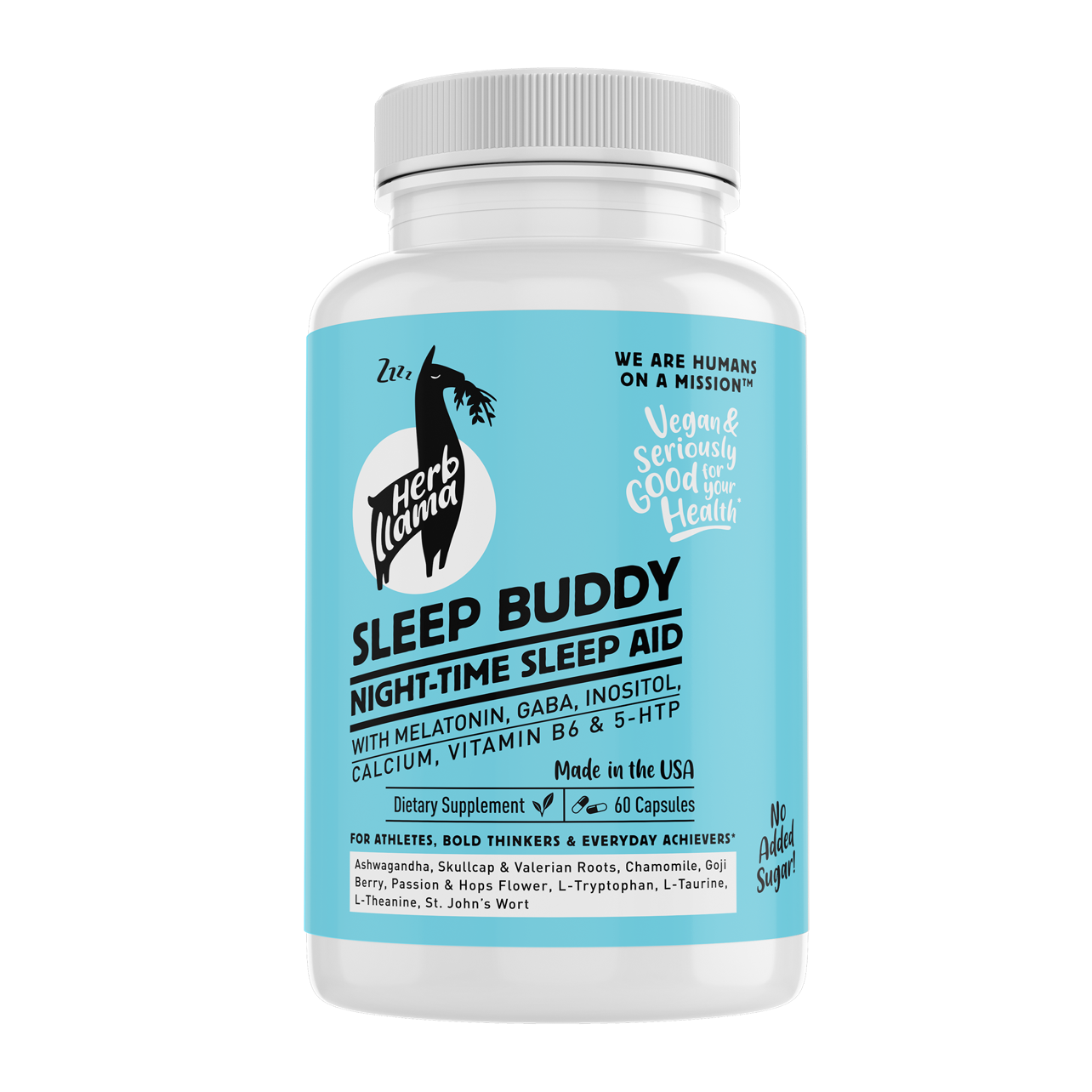 Sleep aid supplement bottle with blue label on a white background