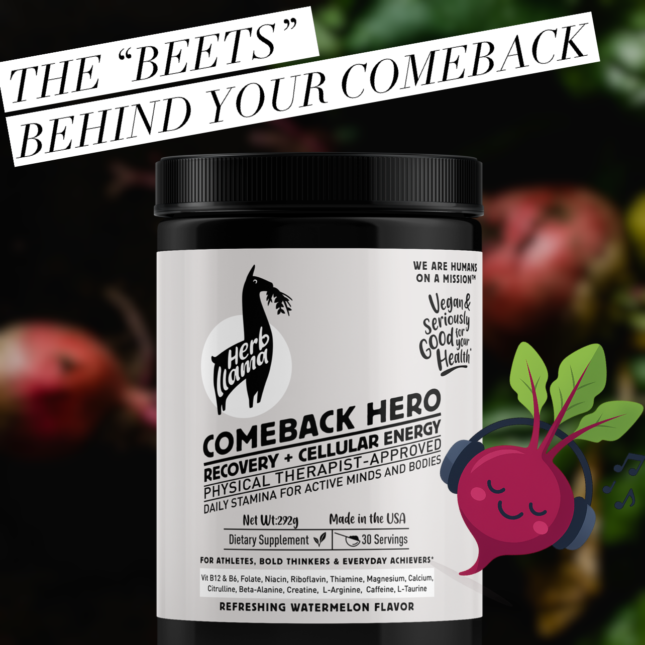 Supplement container with 'Herb Land' branding and beet graphics on a dark background.