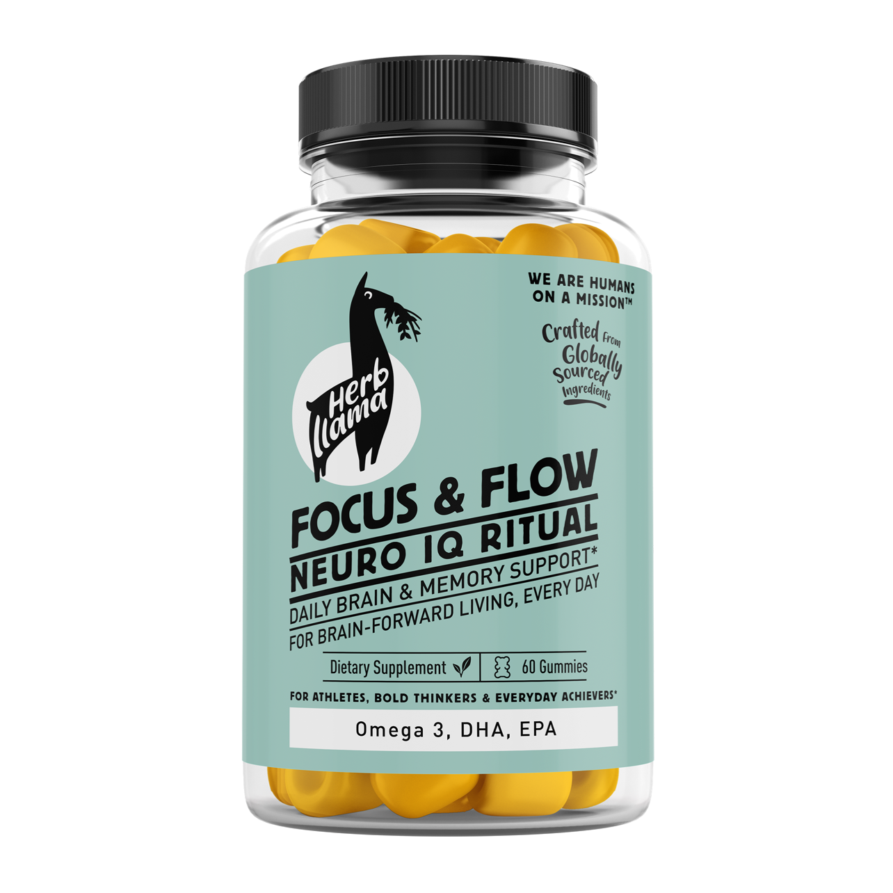 Supplement jar labeled 'Focus & Flow' with yellow gummies on a white background