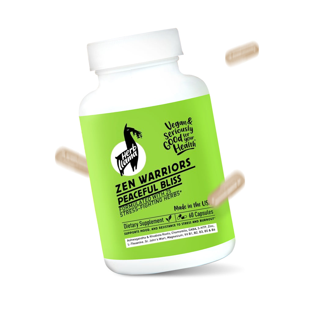 Herb Llama Zen Warriors Peaceful Bliss, Adaptogenic Superfood Mood Supplement Enhanced with the best calming and stress-fighting ingredients: Magnesium, Ashwagandha, 5 HTP, Passion Flower, Lemon Balm, GABA. Plant-Based, Sugar and GMO- Free, 60 Capsules