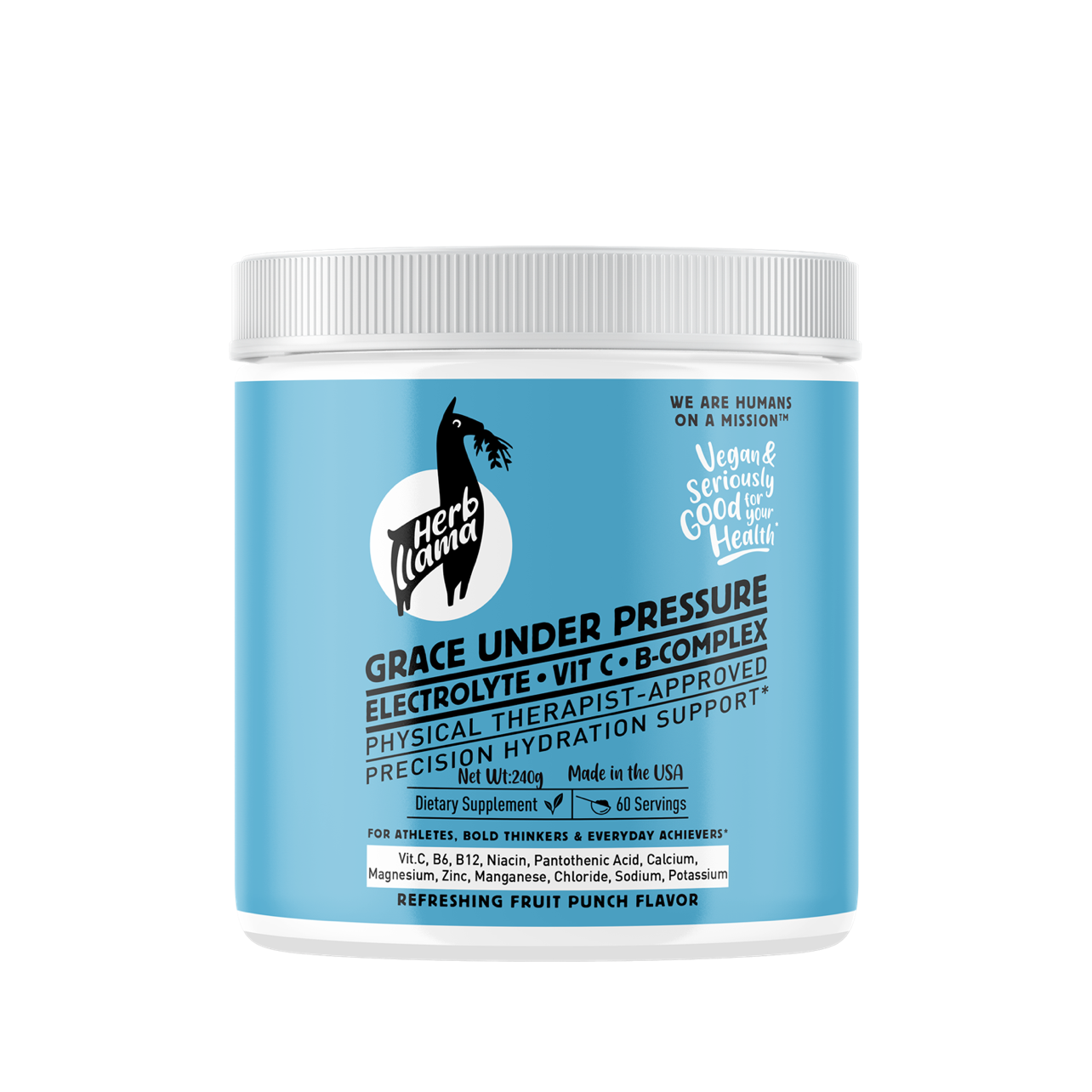 Supplement jar with blue label and white lid on a white background