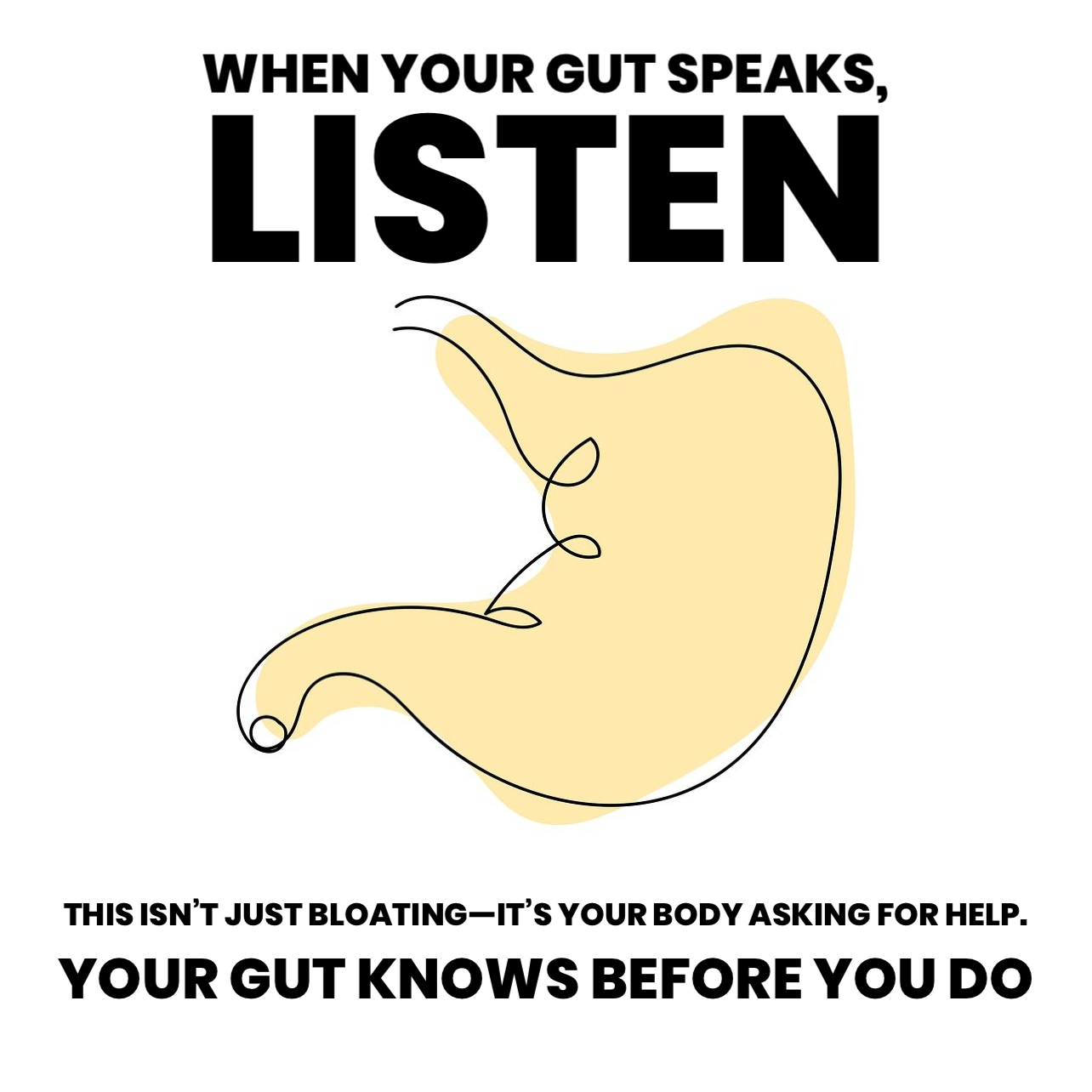 Illustration of a stomach with text about listening to one's gut on a white background
