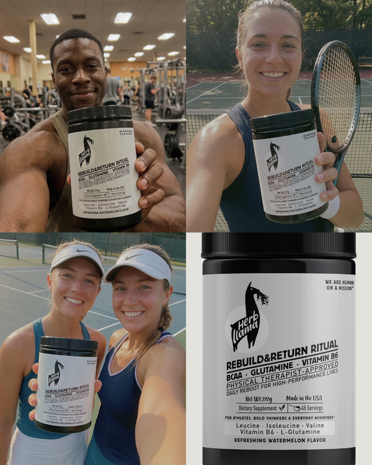 A collage featuring a diverse group of athletes—a gym-goer, a tennis player, and a woman in athletic gear—smiling while holding Herb Llama Rebuild & Return (BCAA) supplement containers.