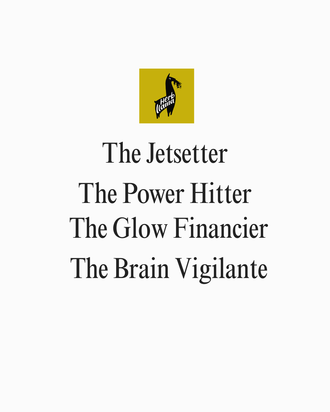 Herb Llama Power Ritual: Yale clinician-curated supplement collections including The Jetsetter, Brain Vigilante, Power Hitter, and Glow Financier for elite performance and recovery.