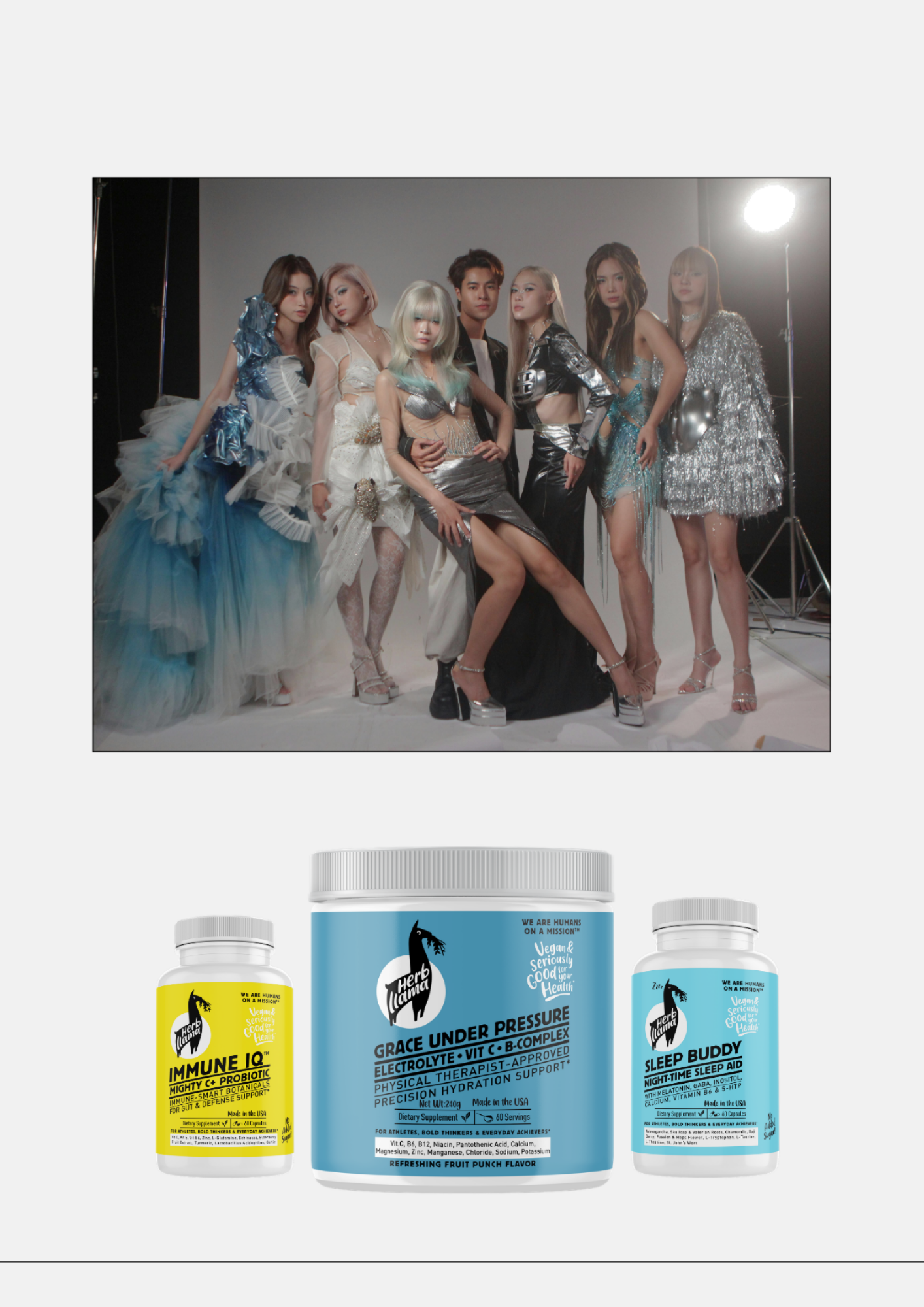 The Glow Financier Hair and Skin Vitality Bundle by Herb Llama featuring electrolyte hydration, immune support, and sleep aid supplements for radiant skin and hair
