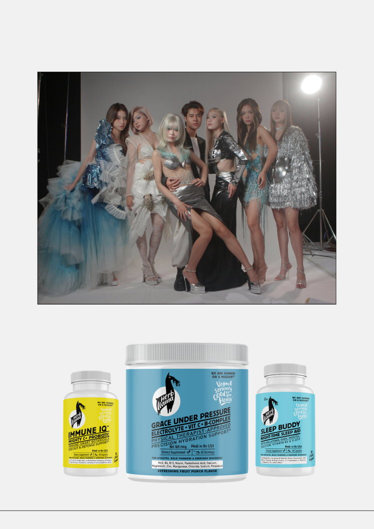 The Glow Financier Hair and Skin Vitality Bundle by Herb Llama featuring electrolyte hydration, immune support, and sleep aid supplements for radiant skin and hair
