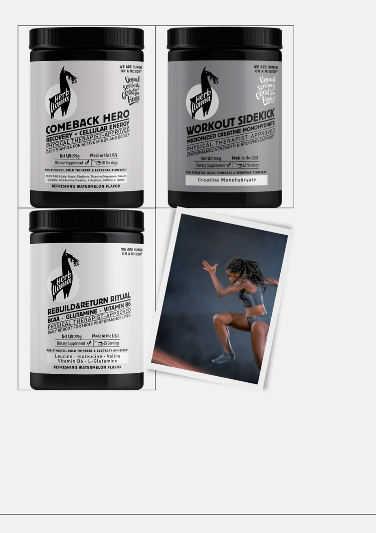 The Power Hitter 3-Piece Performance Ritual by Herb Llama: A clinical-grade stack featuring Micronized Creatine, Nitric Oxide Booster, and BCAA recovery formula for peak athletic output.
