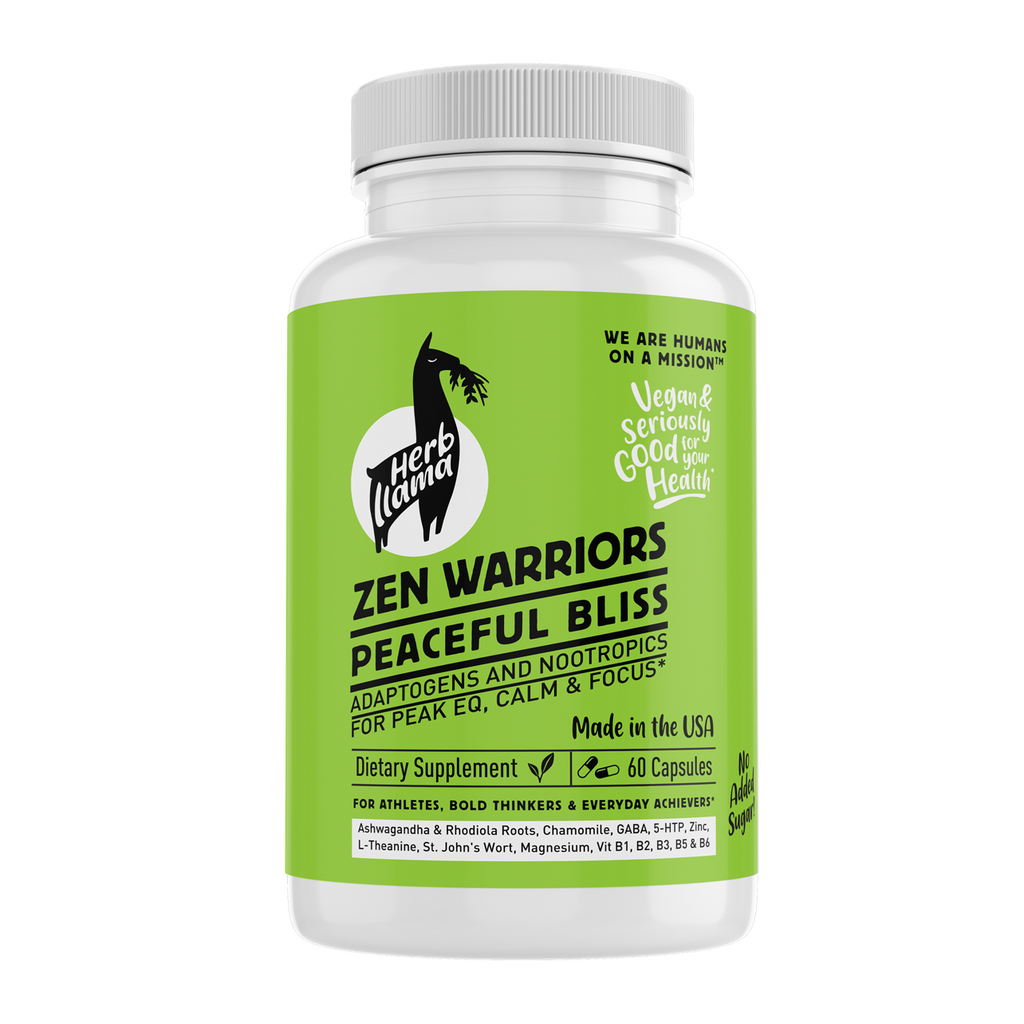 Supplement bottle labeled 'Zen Warriors Peaceful Bliss' by Herb Landi on a white background
