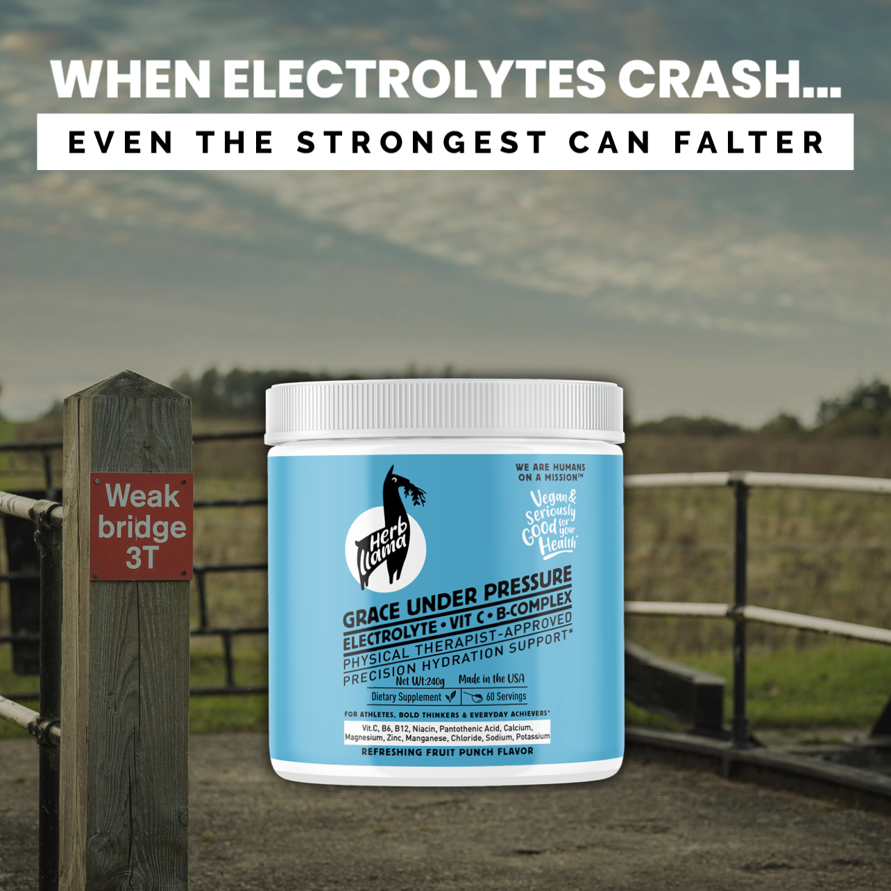 Container of 'Grace Under Pressure' electrolyte supplement with a scenic background
