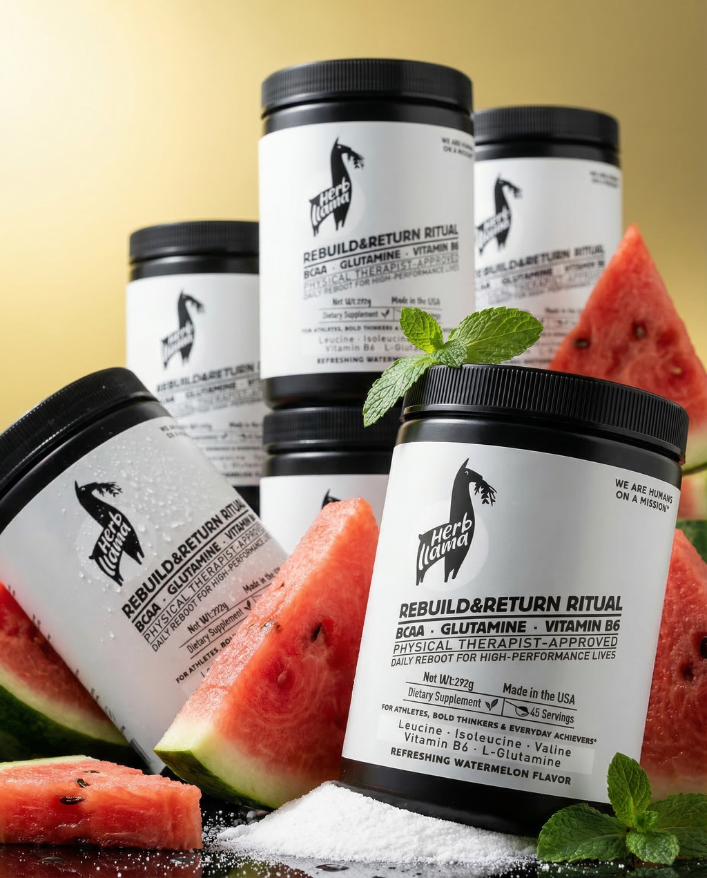 Jars of a product with watermelon slices and mint leaves on a yellow background