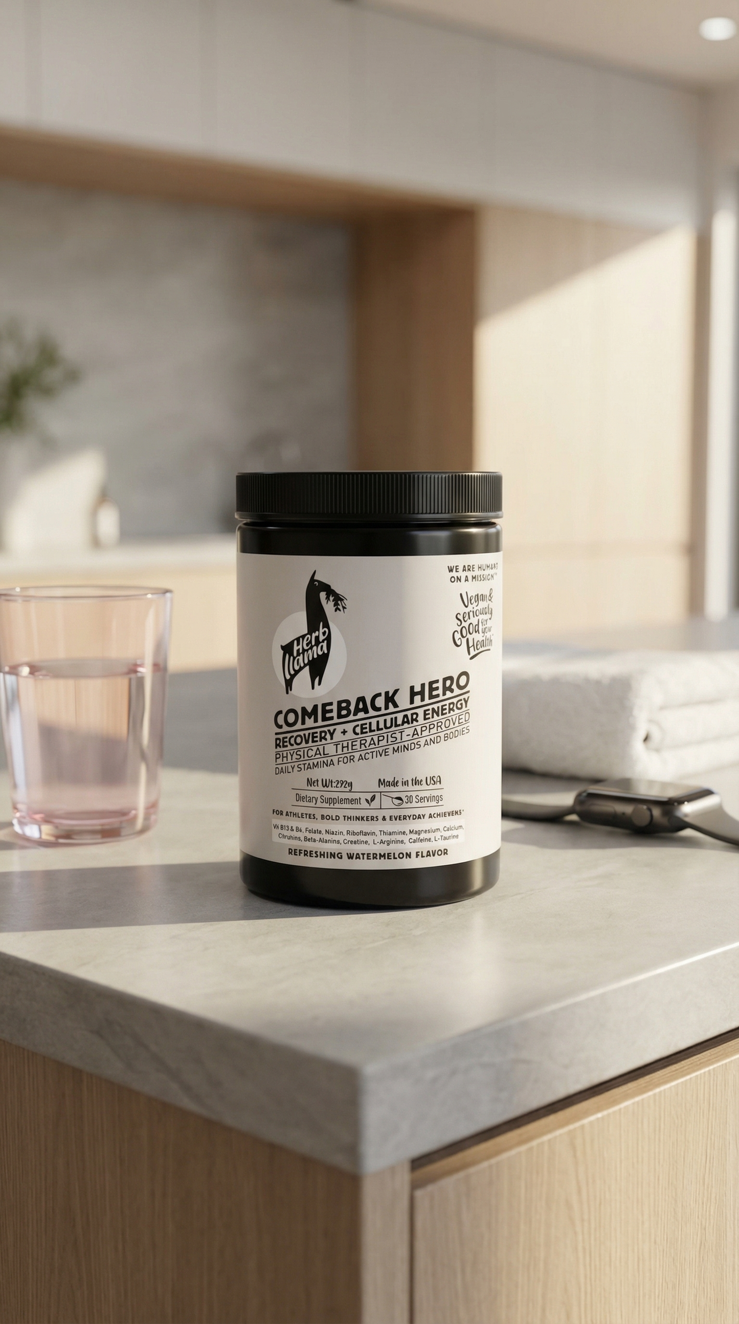 Container of 'Comeback Hero' on a kitchen counter with a blurred background