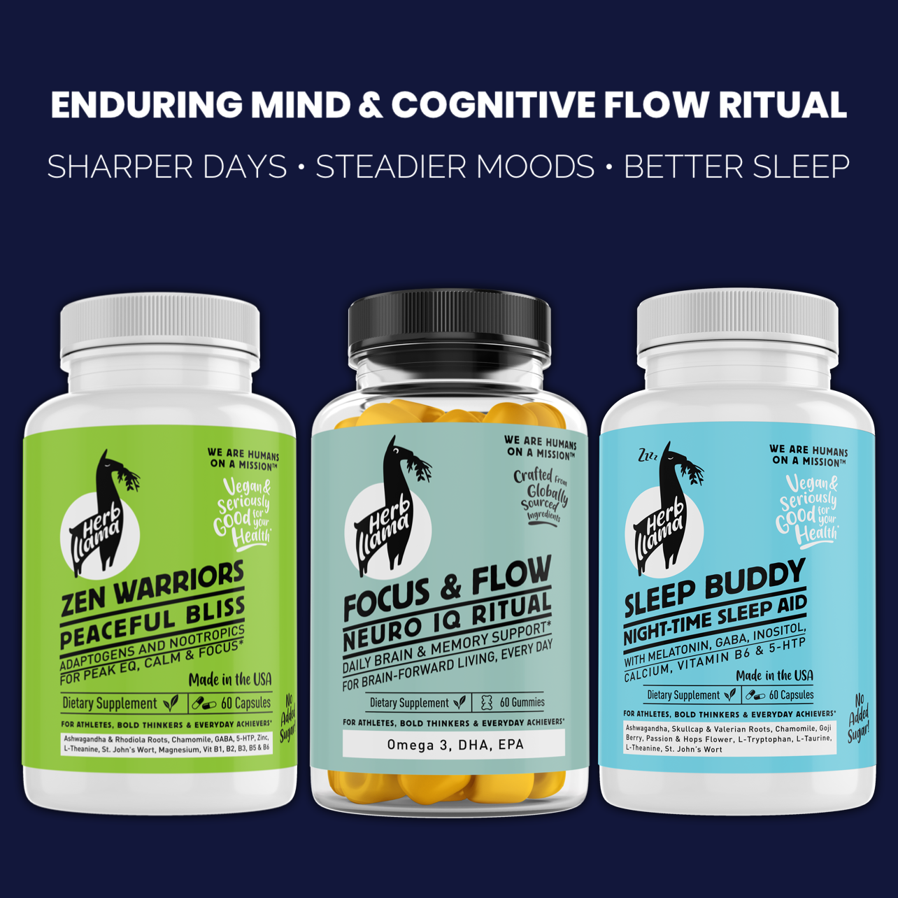 Three supplement bottles labeled 'Zen Warriors', 'Focus & Flow', and 'Sleep Buddy' on a blue background with text about mental and cognitive health.