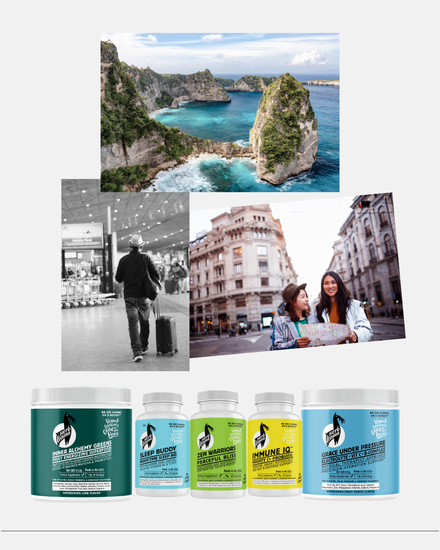 Herb Llama Jet Setter Collection supplement bundle featuring Inner Alchemy Greens, Sleep Buddy, Zen Warriors, Immune IQ, and Grace Under Pressure, displayed below a travel collage of a tropical coast, a city traveler, and two women in a European square.
