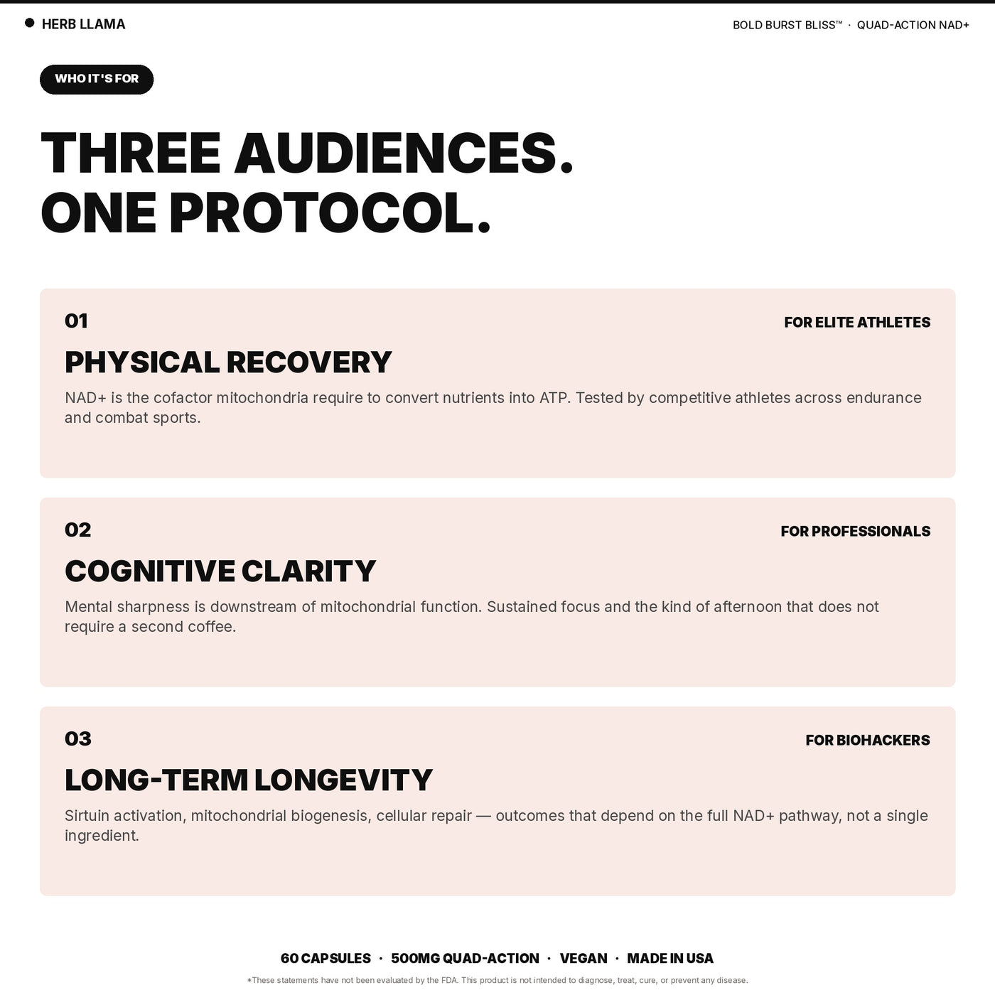 NAD+ supplement designed for three audiences: elite athletes for physical recovery, professionals for cognitive clarity, and biohackers for long-term longevity support.