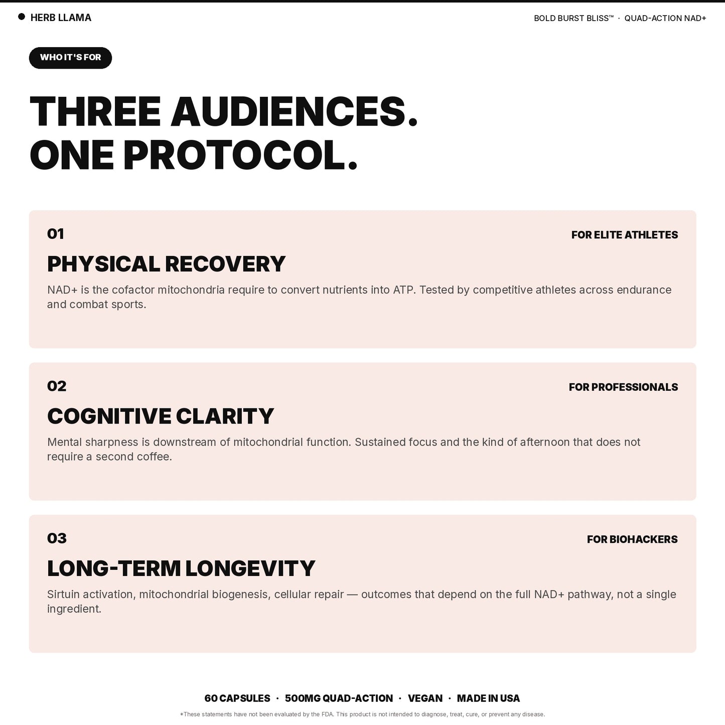 NAD+ supplement designed for three audiences: elite athletes for physical recovery, professionals for cognitive clarity, and biohackers for long-term longevity support.