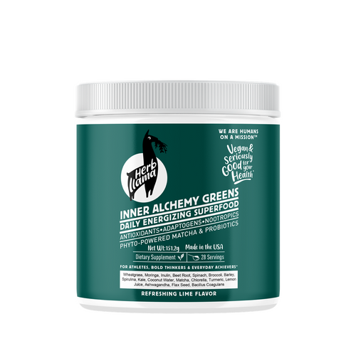 Green supplement jar with white lid on a white background