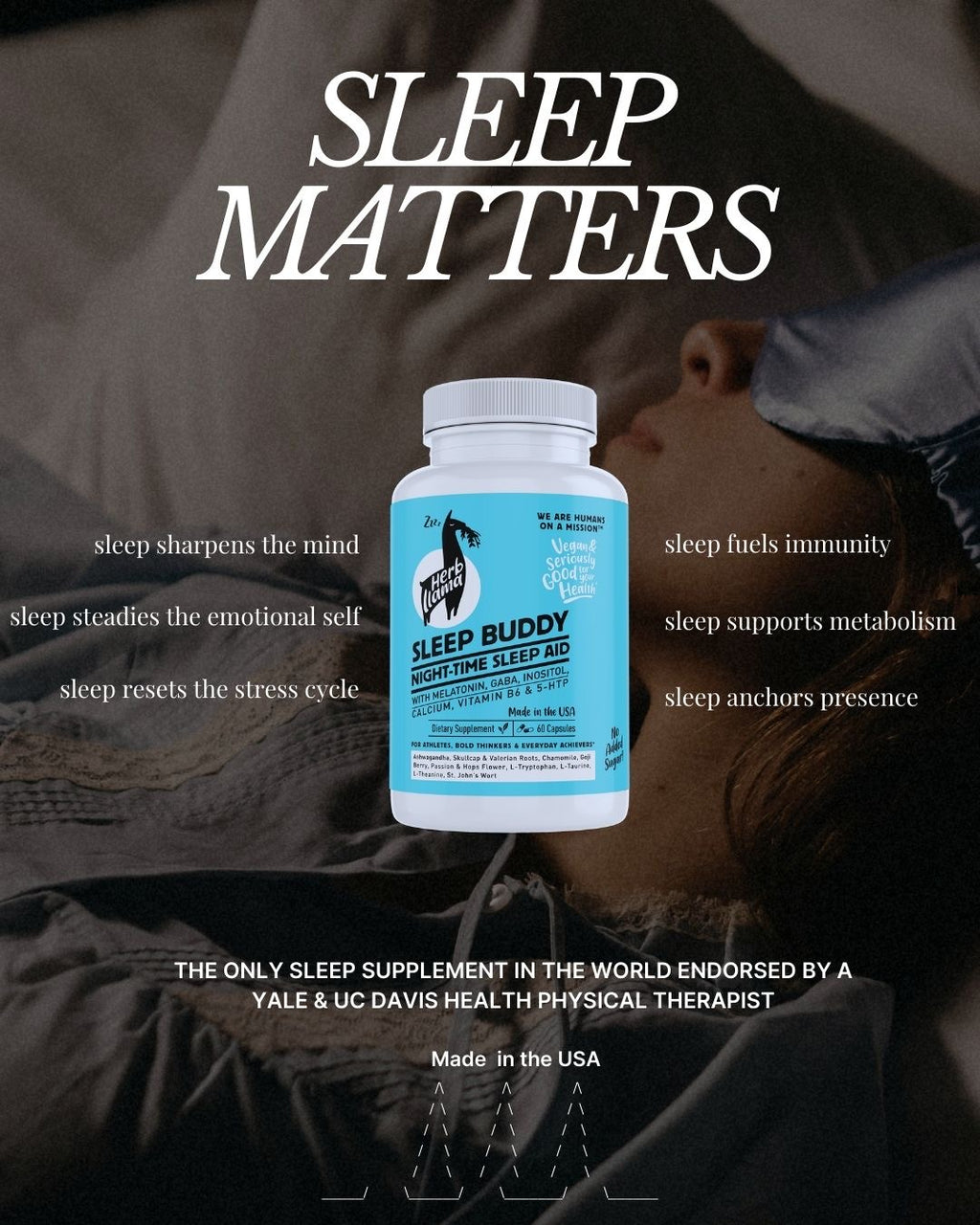 SLEEP BUDDY NIGHT TIME SLEEP AID with Melatonin, GABA, Inositol, Calcium, Vit B6-without the next-day grogginess and rebound insomnia of diphenhydramine.