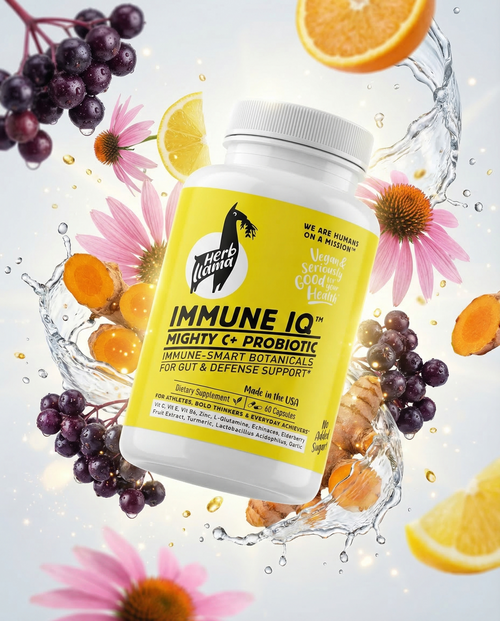 Herb Llama Immune IQ supplement bottle with natural elements like berries and flowers on a light background