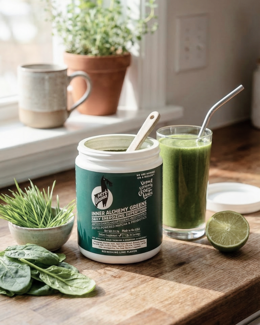 Container of Inner Alchemy Greens on a wooden table with a glass of green juice and lime.