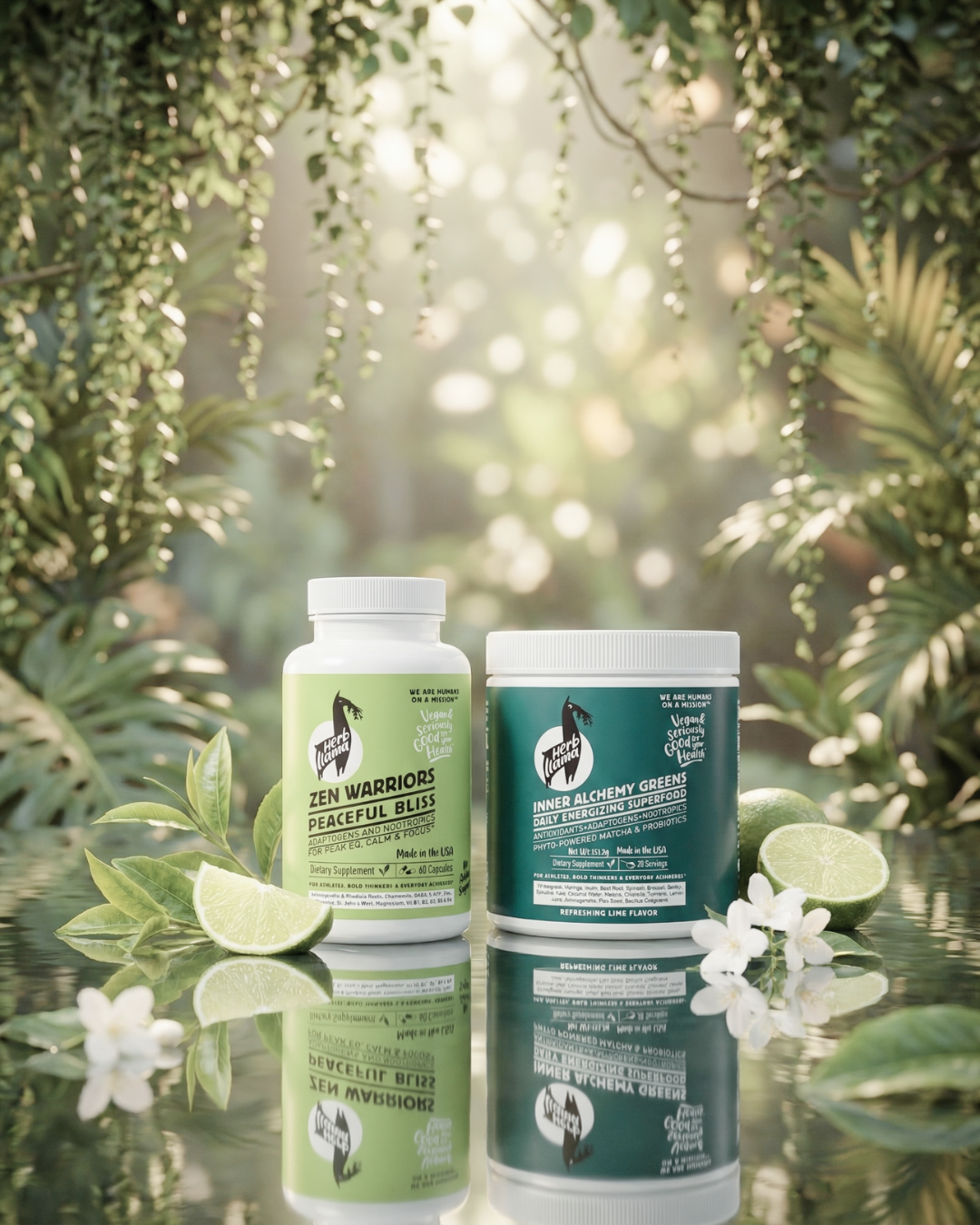 Herb Llama Inner Alchemy Greens and Zen Warriors Peaceful Bliss supplement bundle on a reflective water surface with tropical leaves, lime slices, and white jasmine flowers.