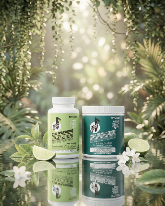 Herb Llama Inner Alchemy Greens and Zen Warriors Peaceful Bliss supplement bundle on a reflective water surface with tropical leaves, lime slices, and white jasmine flowers.