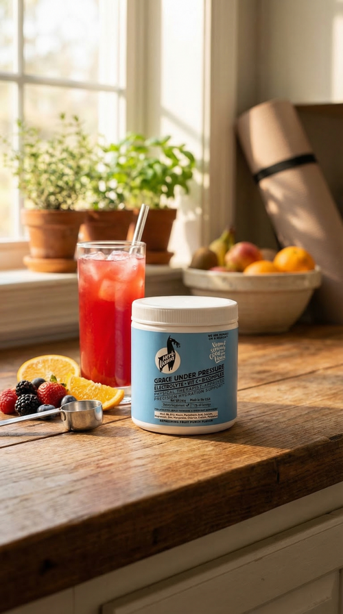 A white jar of GRACE UNDER PRESSURE™ Premium Electrolyte Drink on a rustic wooden kitchen counter next to a glass of red iced beverage, fresh berries, and a yoga mat in a sunlit room.