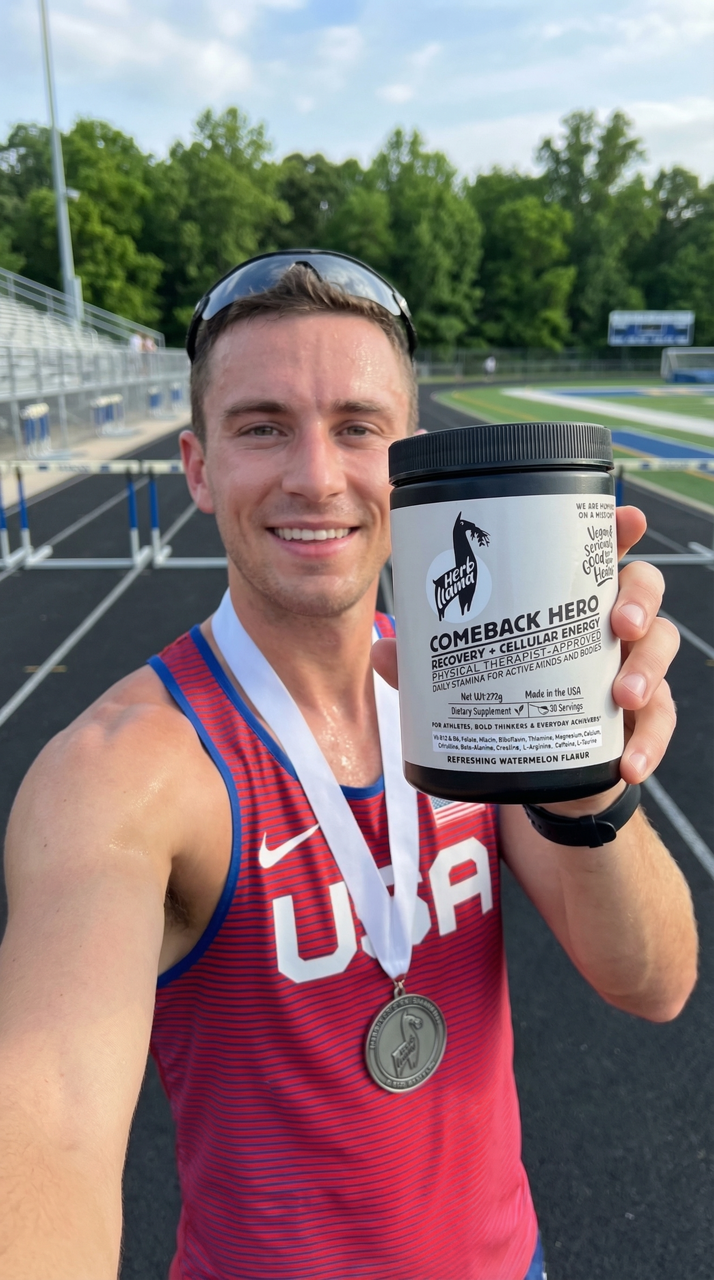 Herb Llama Comeback Hero Nitric Oxide Booster held by a track athlete wearing a USA jersey. Professional-grade recovery supplement curated by a Yale Physical Therapist for nitric oxide flow and muscle recovery.