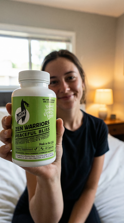 Herb Llama Zen Warriors Peaceful Bliss supplement bottle for stress relief and focus, featuring Ashwagandha and Rhodiola adaptogens