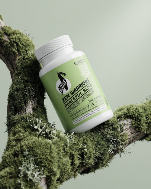 Green supplement bottle labeled 'Zen Warriors Peaceful Bliss' on a mossy branch with a green background