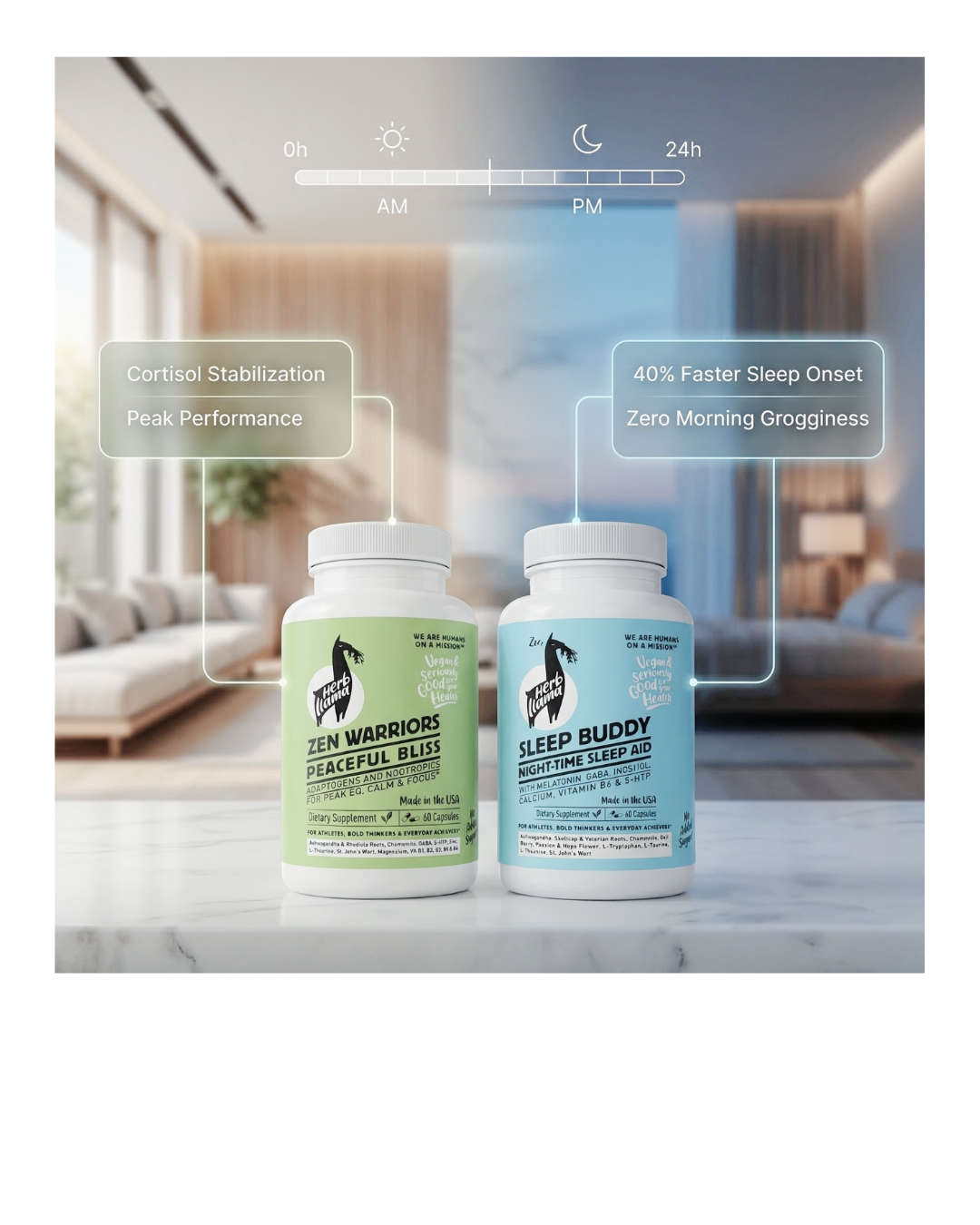 sleep buddy and zen warriors  bottles labeled 'Peaceful Bliss' and 'Sleep Buddy' on a marble surface with a blurred living room background.