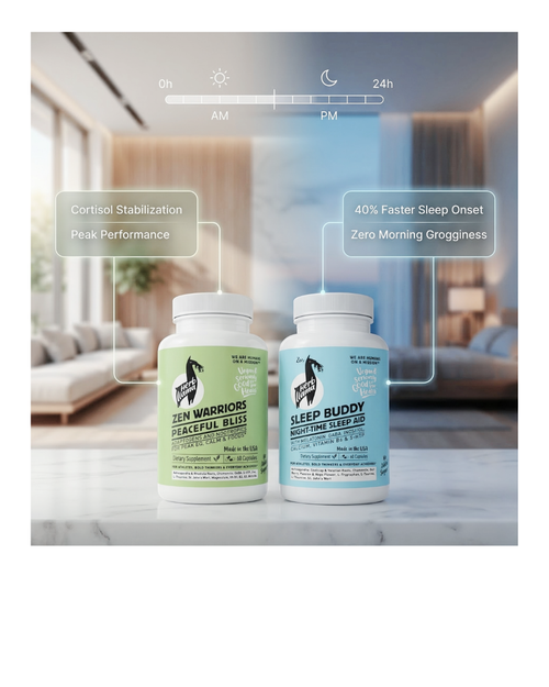 sleep buddy and zen warriors  bottles labeled 'Peaceful Bliss' and 'Sleep Buddy' on a marble surface with a blurred living room background.